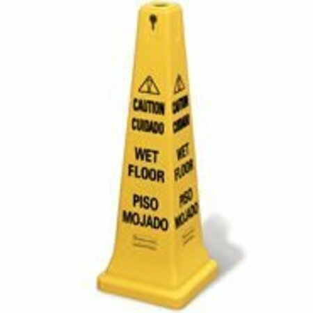 RUBBERMAID in.Caution Wet Floor in. Safety Cone Yellow 36 in. 4 Sided Multi-lingual FG627677YEL-EA